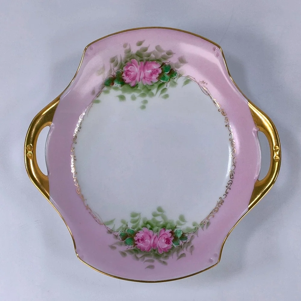 Vintage Japan Porcelain Hand Painted Pink Rose Bonbon Dish Gold Gilt Handles
